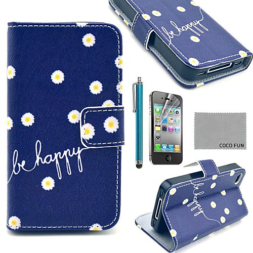 COCO FUN Daisy In Blue PU Leather Full Body Case with Screen Protector, Stand and Stylus for iPhone 4/4S