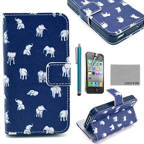 COCO FUN Blue Elephant PU Leather Full Body Case with Screen Protector, Stand and Stylus for iPhone 4/4S