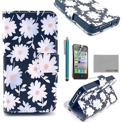 COCO FUN White Chrysanthemum PU Leather Case with Screen Protector, Stand and Stylus for iPhone 4/4S