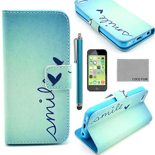 COCO FUN Cute Heart Pattern PU Leather Full Body Case with Screen Protector,Stylus and Stand for iPhone 5C