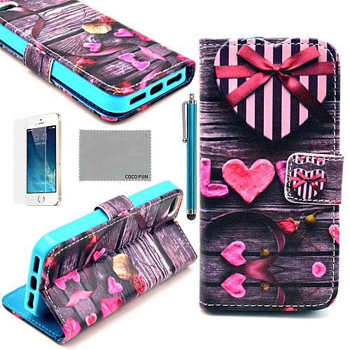 COCO FUN Love Heart Pattern PU Leather Full Body Case with Film, Stand and Stylus for iPhone 5/5S