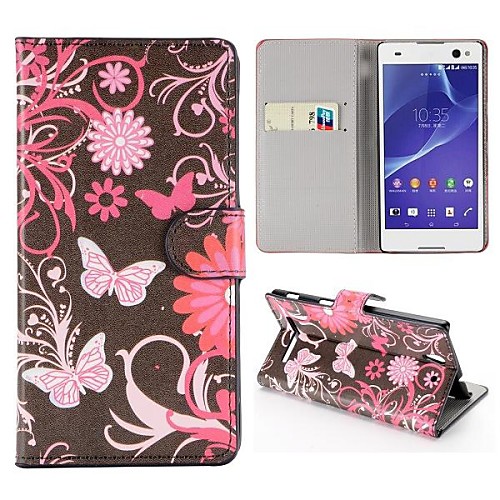 (Butterfly and Flower Pattern Wallet Style Flip Stand PCPU Leather Case for Sony Xperia C3 D2533