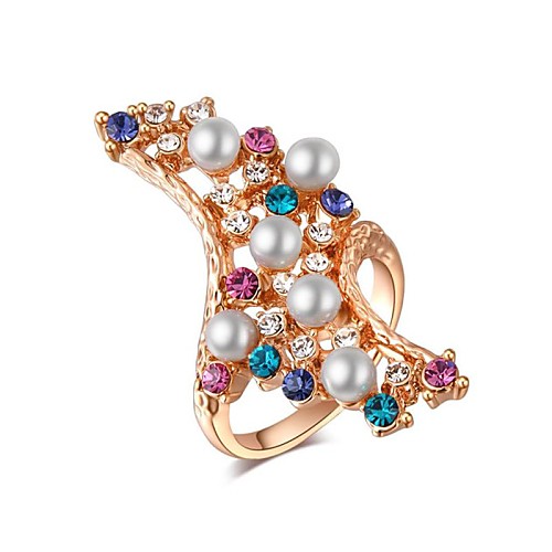 Christmas Party Classic Austrian Crystals  Rose Gold Plated Colorful Stones Pearl Ring Jewelry