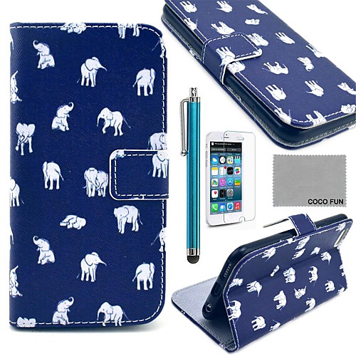 COCO FUN Blue Cute Elephant Pattern PU Leather Case for iPhone 6 6G 4.7 with Screen Protecter, Stand and Stylus