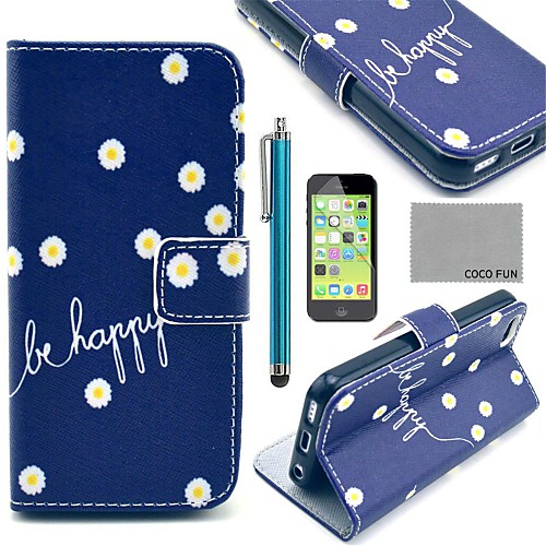 COCO FUN Daisy In Blue Pattern PU Leather Full Body Case with Screen Protector,Stylus and Stand for iPhone 5C