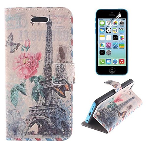 Eiffel Tower and The Butterfly Pattern PU Leather Full Body Cover with Stand and Protective Film for iPhone 5C