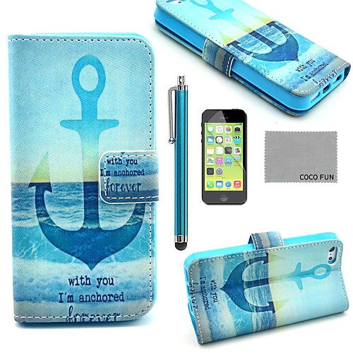 COCO FUN Anchor In Sea Pattern PU Leather Full Body Case with Screen Protector,Stylus and Stand for iPhone 5C