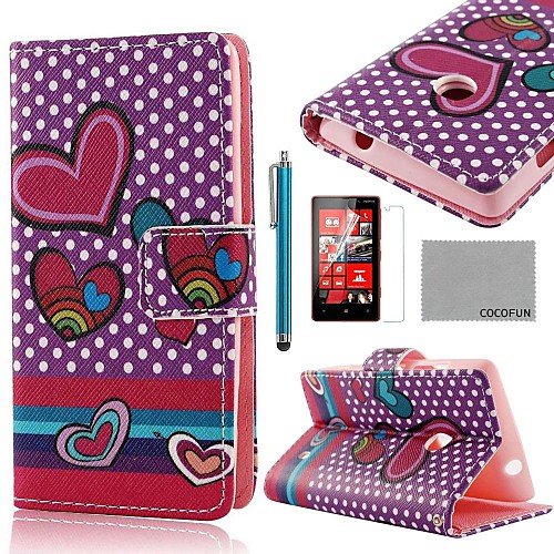 COCO FUN Purple Heart Pattern PU Leather Full Body Case with Screen Protector, Stylus and Stand for Nokia Lumia N520