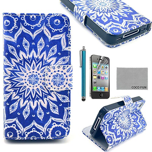 COCO FUN Blue Peacock PU Leather Full Body Case with Screen Protector, Stand and Stylus for iPhone 4/4S