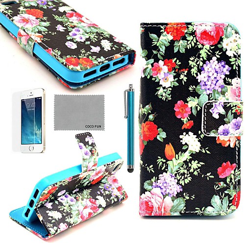 COCO FUN Multicolor Flower Pattern PU Leather Full Body Case with Film, Stand and Stylus for iPhone 5/5S