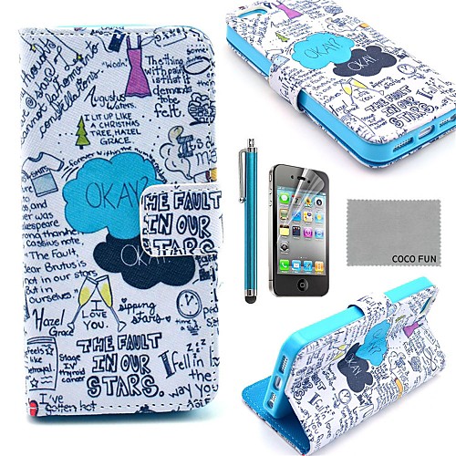 COCO FUN Blue Graffiti PU Leather Full Body Case with Screen Protector, Stand and Stylus for iPhone 4/4S