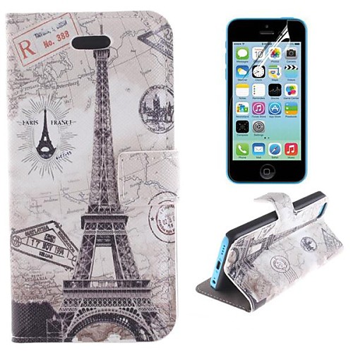 Eiffel Tower and The Map Design PU Leather Full Body Cover with Stand and Protective Film for iPhone 5C