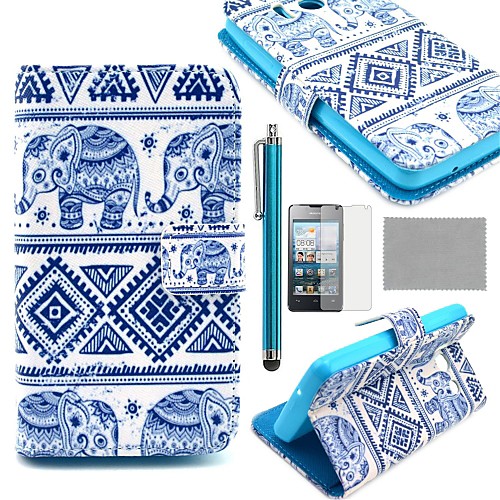 COCO FUN Blue Elephant Pattern PU Leather Full Body Case with Screen Protector, Stylus and Stand for Huawei Y300