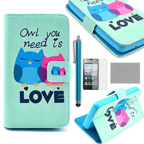 COCO FUN Fall in Love Owl Pattern PU Leather Full Body Case with Screen Protector, Stylus and Stand for Huawei Y300