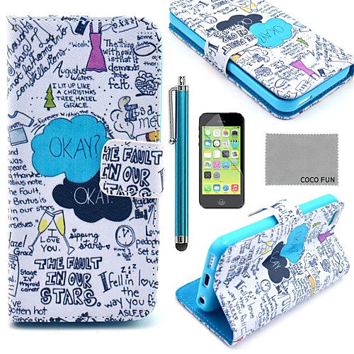 COCO FUN Blue Graffiti Pattern PU Leather Full Body Case with Screen Protector,Stylus and Stand for iPhone 5C