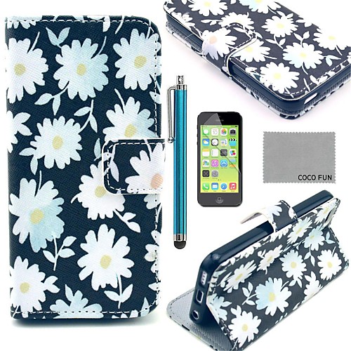 COCO FUN White Chrysanthemum Pattern PU Leather Full Body Case with Screen Protector,Stylus and Stand for iPhone 5C