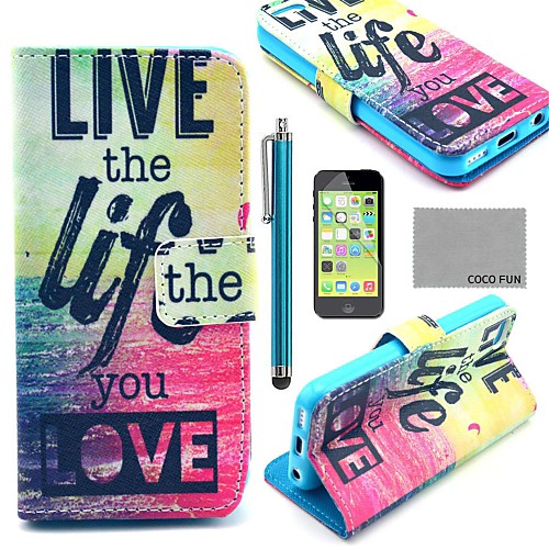 COCO FUN Love Life Pattern PU Leather Full Body Case with Screen Protector,Stylus and Stand for iPhone 5C