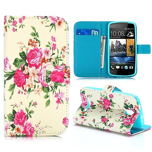 Beautiful Flowers Pattern Wallet Style Stand Cross Texture PU Leather Case for HTC Desire 500