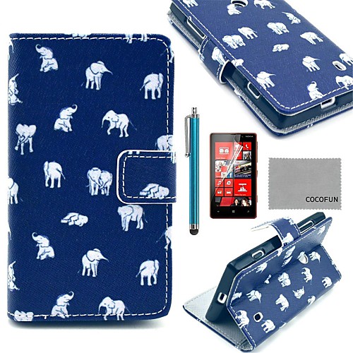 COCO FUN Blue Elephant Pattern PU Leather Full Body Case with Screen Protector, Stylus and Stand for Nokia Lumia N520