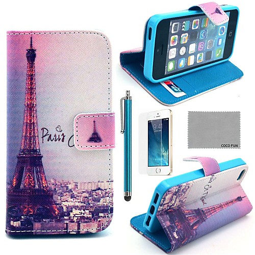 COCO FUN Eiffel Tower In Night Pattern PU Leather Full Body Case with Film, Stand and Stylus for iPhone 5/5S