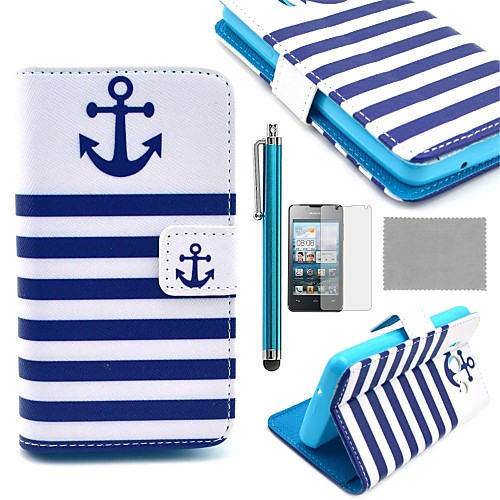 COCO FUN Navy Blue Anchor Pattern PU Leather Full Body Case with Screen Protector, Stylus and Stand for Huawei Y300