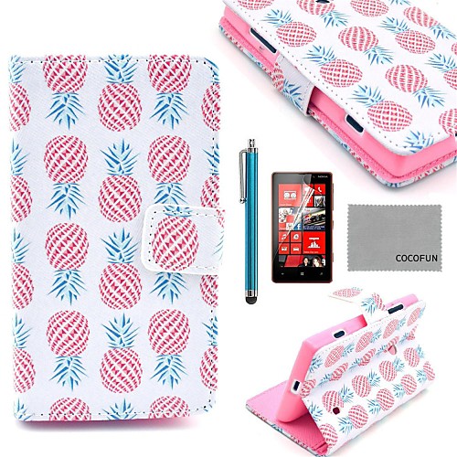 COCO FUN Pink Pineapple Pattern PU Leather Full Body Case with Screen Protector, Stylus and Stand for Nokia Lumia N520