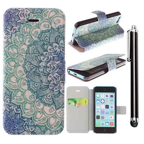 Blue Lotus Pattern PU Leather Full Body Case with Stand and A Stylus Touch Pen for iPhone 5C