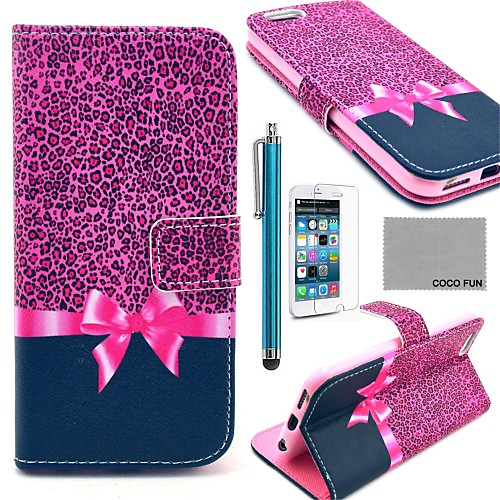 COCO FUN Purple Leopard Pattern PU Leather Full Body Case With Screen Protecter, Stand And Stylus for iPhone 6 6G 4.7