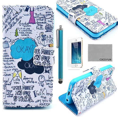 COCO FUN Blue Graffiti Pattern PU Leather Case with Screen Protector, Stand and Stylus for iPhone 5/5S