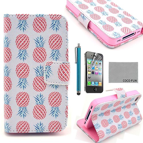 COCO FUN Pink Pineapple PU Leather Full Body Case with Screen Protector, Stand and Stylus for iPhone 4/4S