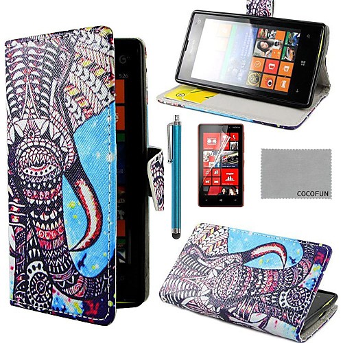 COCO FUN Elephant Blue Pattern PU Leather Full Body Case with Screen Protector, Stylus and Stand for Nokia Lumia N520