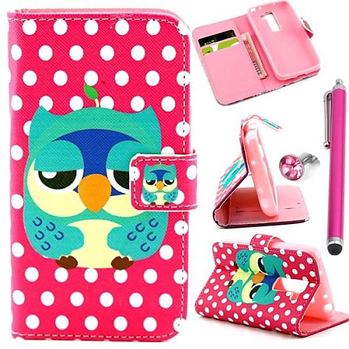 Pink Polka Dot Owl Pattern PU Leather Cover and Touch Pen with Diamond Dust Plug for LG G2 MINI