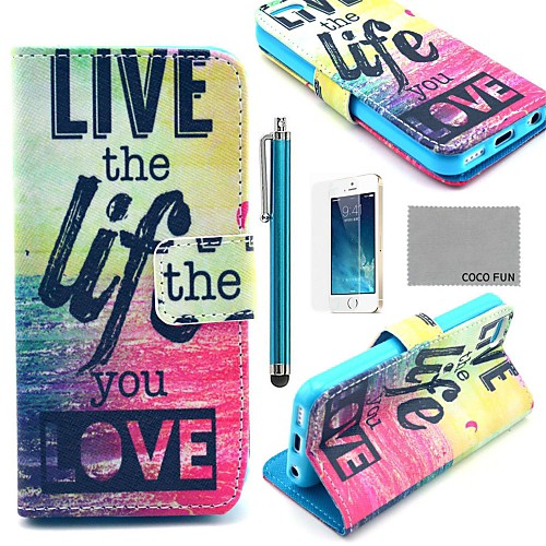 COCO FUN Love Life Pattern PU Leather Case with Screen Protector, Stand and Stylus for iPhone 5/5S