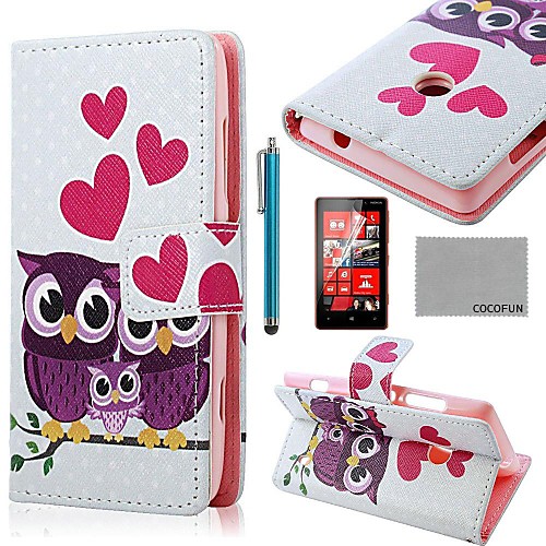 COCO FUN Purple Owl Family Pattern PU Leather Case with Screen Protector, Stylus and Stand for Nokia Lumia N520