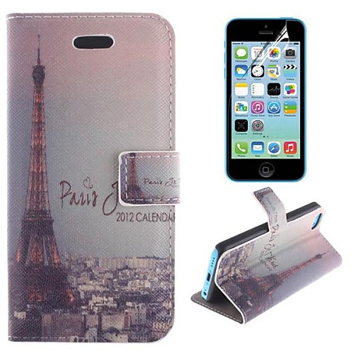 Eiffel Tower Pattern PU Leather Full Body Cover with Stand and Protective Film for iPhone 5C