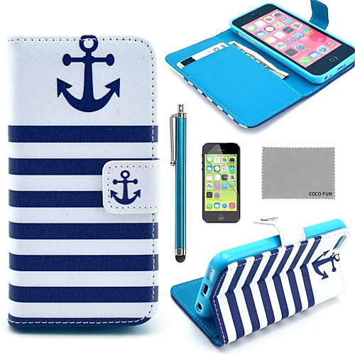 COCO FUN Navy Blue Anchor Pattern PU Leather Full Body Case with Screen Protector,Stylus and Stand for iPhone 5C