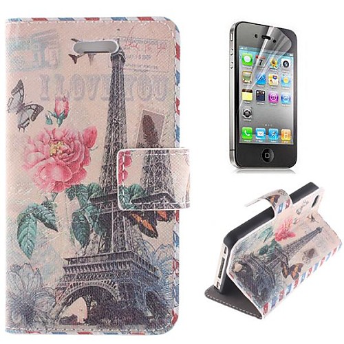 Eiffel Tower and The Butterfly Pattern PU Leather Full Body Cover with Stand and Protective Film for iPhone 4/4S