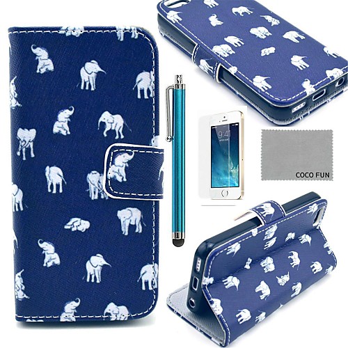 COCO FUN Blue Elephant Pattern PU Leather Full Body Case with Film, Stand and Stylus for iPhone 5/5S