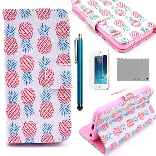 COCO FUN Pink Pineapple Pattern PU Leather Case with Screen Protector, Stand and Stylus for iPhone 5/5S