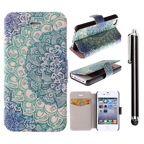 Blue Lotus Pattern PU Leather Full Body Case with Stand and A Stylus Touch Pen for iPhone 4/4S