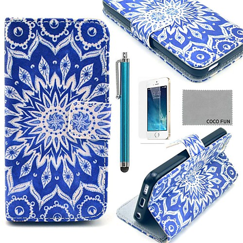 COCO FUN Blue Peacock Pattern PU Leather Case with Screen Protector, Stand and Stylus for iPhone 5/5S