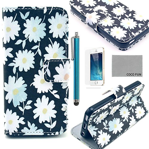 COCO FUN White Chrysanthemum Pattern PU Leather Case with Screen Protector, Stand and Stylus for iPhone 5/5S