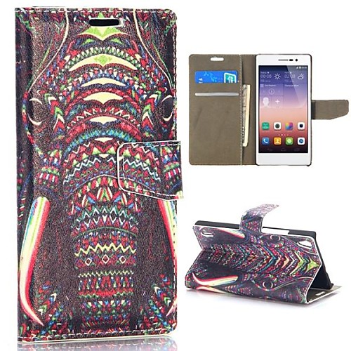 Tribal Style Elephant Pattern Wallet Style Magnetic Flip Stand PCPU Leather Case for Huawei Ascend P7