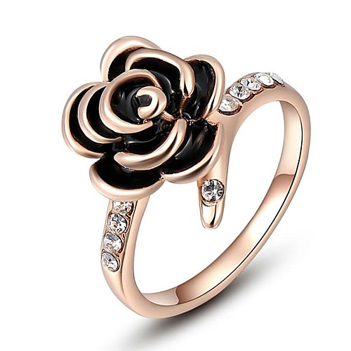 Christmas Gift Classic Genuine Austrian Crystals Rose Gold Plated Black Rose Ring Jewelry Party OFF