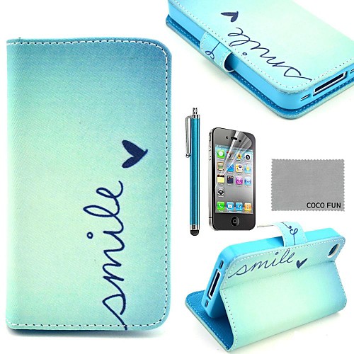 COCO FUN Cute Heart PU Leather Full Body Case with Screen Protector, Stand and Stylus for iPhone 4/4S