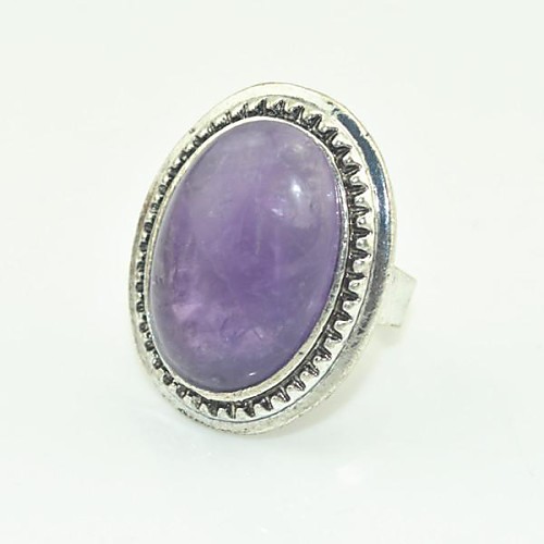 Toonykelly Vintage Look Antique Silver Female Natural Amethyst Stone Adjustable Ring(1pcs)