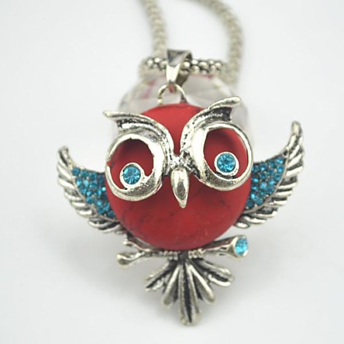 Toonykelly Vintage Look Antique Silver Glasses Owl Red Turquoise Crystal Necklace(1 Pc)