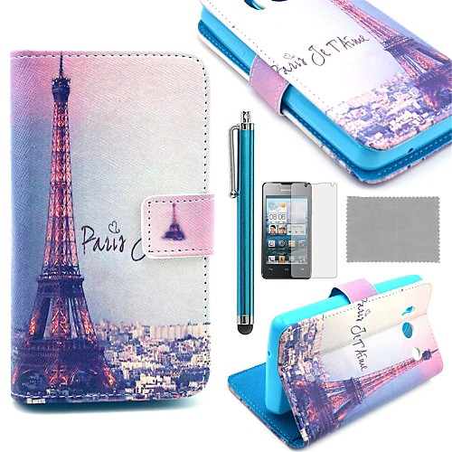 COCO FUN Eiffel Tower In Night Pattern PU Leather Case with Screen Protector, Stylus and Stand for Huawei Y300