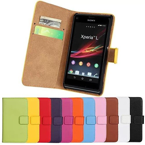 Solid Color Pattern Genuine Leather Full Body Case with Stand and Card Slot for Sony Xperia L S36h (Assorted Colors)