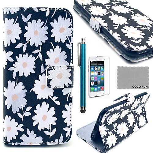 COCO FUN White Chrysanthemum Pattern PU Leather Case for iPhone 6 6G 4.7 with Screen Protecter, Stand and Stylus